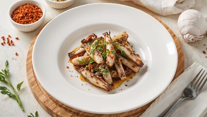 Spiced and herb-infused salted anchovies ready for eating