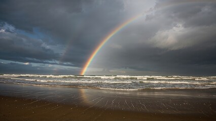 Beach scene showcasing a rainbow during a storm