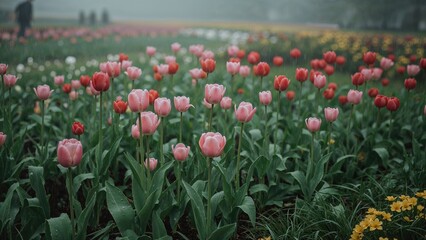 Wet tulip blades glistening under fresh rainfall in a natural park