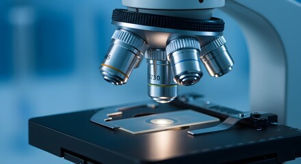 Fototapeta premium Microscope in laboratory, scientific equipment close up, analysis research