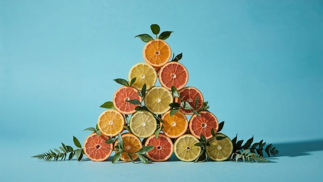 Arrangement of grapefruit, lemon, orange, and lime forming a pyramid on a blue surface with green leaves