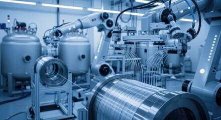 Cryogenic superconducting cable winding workshop featuring advanced robotic arms weaving fine wire with high precision.