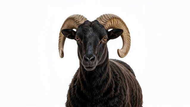 Image of a yearling Merino ram with a shaved coat on a white background
