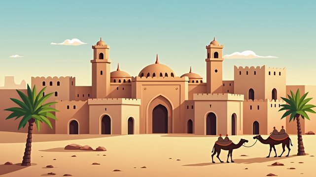 Saudi Arabia authentic architecture vector illlustrations set. Traditional ancient Arabian houses, village, gates, mosque, beduin with camel.
