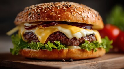 Juicy Hamburger with Melted Cheese and Fresh Toppings on Bun