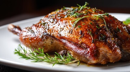 Juicy Roast Duck with Glossy Skin and Fresh Herbs on a Plate
