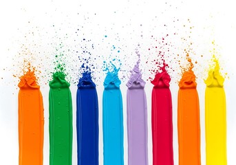 A vibrant spectrum of acrylic paint tubes exploding upwards creating splashes and streaks of brilliant color against a clean white background for creative art projects