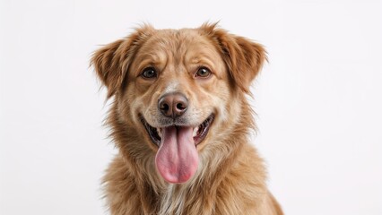 Fototapeta premium Close-up studio image of a charming mixed-breed canine showing its tongue, isolated on a white background.