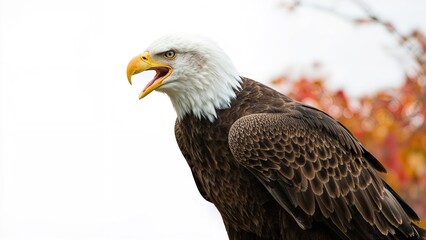Portrait of a bald eagle screeching on a fall day, isolated against a natural backdrop