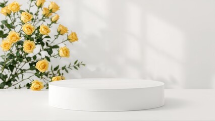Fototapeta premium Blank beauty product podium against a yellow rose setting