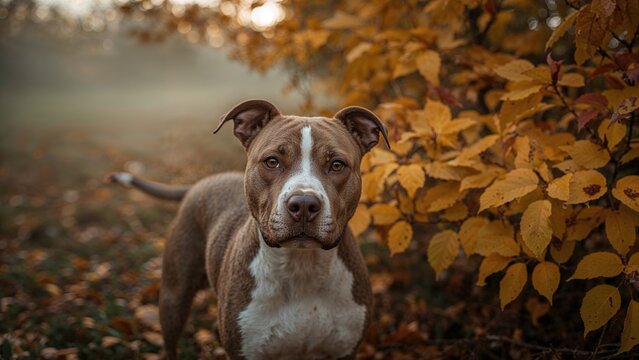 Autumn evening scene featuring a Pit Bull Terrier in the woods