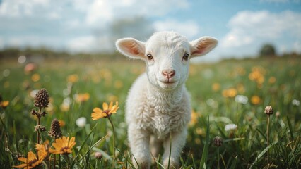 Obraz premium Springtime close-up of a young sheep in a vibrant meadow