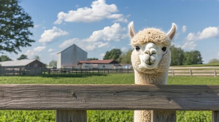 Obraz premium Curious alpaca peeking over a wooden fence.