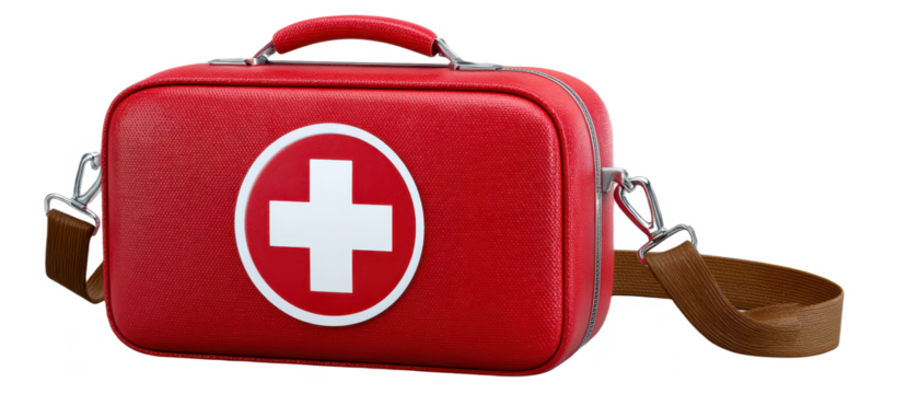 A vibrant red medical bag featuring a prominent white cross symbol, ideal for first aid and emergency situations.