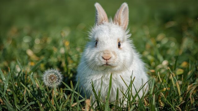 Close-up of a small white bunny sitting in the grass with a joyful expression