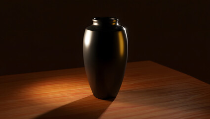 Elegant black vase standing on a wooden table under soft lighting in a dark room setting