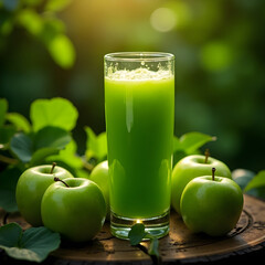 Fototapeta premium A glass of green juice surrounded by green apples on wood surface