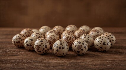 Obraz premium Small speckled eggs arranged on a wooden counter, kitchen backdrop, food theme