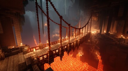 Suspended Bridge Over Fiery Lava in Dark Dungeon Environment