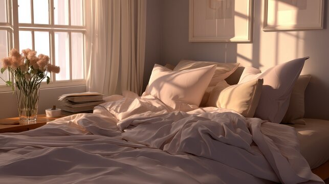 Cozy Bedroom Setting on a Lazy Sunday Morning with Soft Light - Powered by Adobe