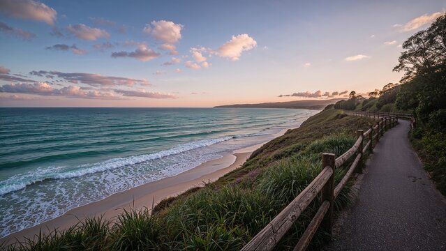 Lovely early morning light illuminating a tight path to a breathtaking coast