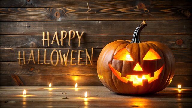 Happy halloween with glowing pumpkin and candles on rustic wooden background, creating a spooky and festive atmosphere for the autumn holiday
