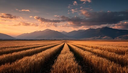Fototapeta premium Golden wheat field under dramatic sunset sky with mountain backdrop.