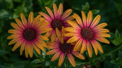 Colorful floral display featuring purple and yellow daisy blossoms