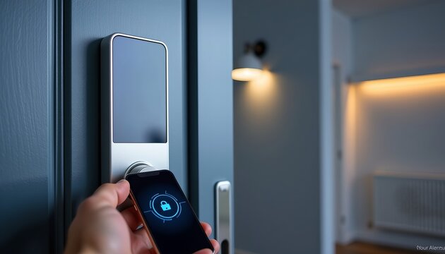 A close-up of a hand using a smartphone to unlock a high-tech smart lock, showcasing modern security technology for homes and apartments.