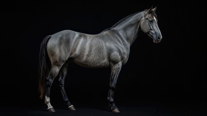 Isolated image of a gorgeous grey horse from Andalusian breed with black background