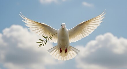 Obraz premium A white dove, wings outstretched, carrying an olive branch, soars against a bright blue sky dotted with fluffy clouds.