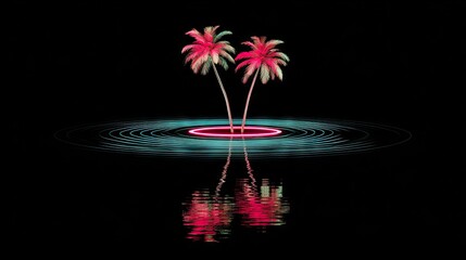 Neon palm trees on a circular island reflecting in water.