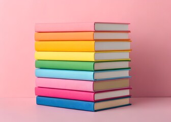 Fototapeta premium Stack of colorful books against a pink background