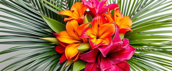 Vibrant tropical flower bouquet with exotic palm leaves, perfect for wedding invitations, design, palm