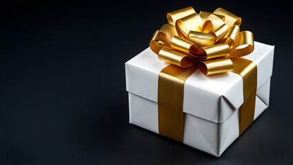 Elegant White Gift Box with Golden Ribbon and Bow on Dark Background Ideal for Celebration and Festive Occasions