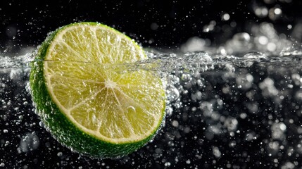 Lime Slice Crashing into Fizzy Soda Bubbles with Splash Effect