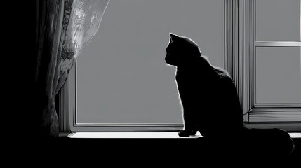 Elegant Cat Silhouette on Windowsill Framed by Curtain in Soft Light