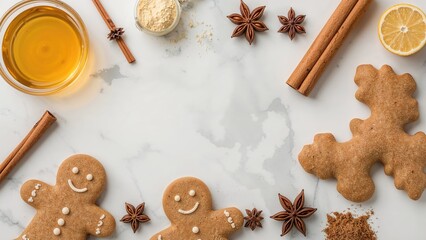 Flat lay of seasonal gingerbread baking spices including honey, cinnamon, anise, and ginger arranged on a marble counter. Holiday cooking theme with open space for text.