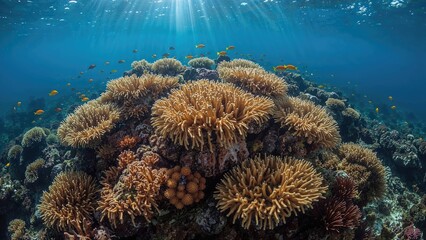 Stony corals vie for territory to expand on a vibrant reef in a tropical marine environment.