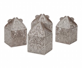 Elegant Silver Favor Boxes with Intricate Floral Designs Showcase Festive Celebrations and Exquisite Craftsmanship