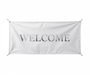 Elegant White Banner with Silver 'Welcome' Text for Corporate Events and Grand Openings, High Resolution Stock Photo