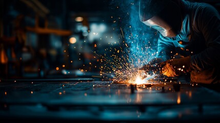 Industrial welder in protective gear working with bright sparks in dark workshop, ideal for labor industry visuals, engineering promotions, skilled trades content, and manufacturing campaigns