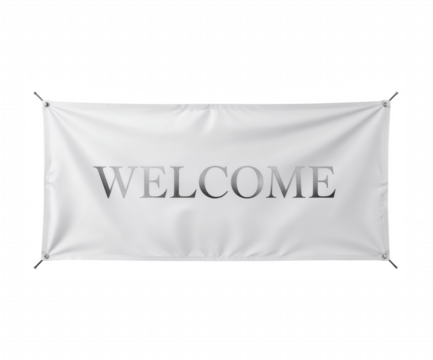 Elegant White Banner with Silver 'Welcome' Text for Corporate Events and Grand Openings, High Resolution Stock Photo