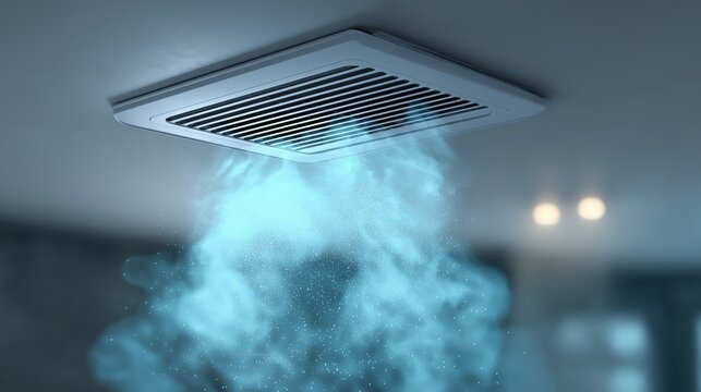 Modern HVAC ceiling vent emitting filtered air with blue particles in clean indoor environment, perfect for air quality campaigns, smart home articles, or ventilation product promotions