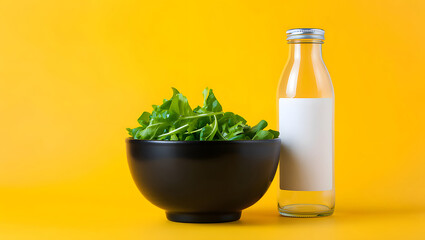 Fresh Arugula in a Black Bowl and Water Bottle on a Sunny Yellow Background Promoting Healthy Eating Habits and Clean Living