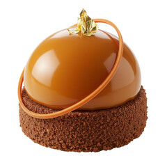 Modern dome-shaped caramel mousse dessert topped with gold leaf and crispy base, perfect for luxury or fine dining menus.
