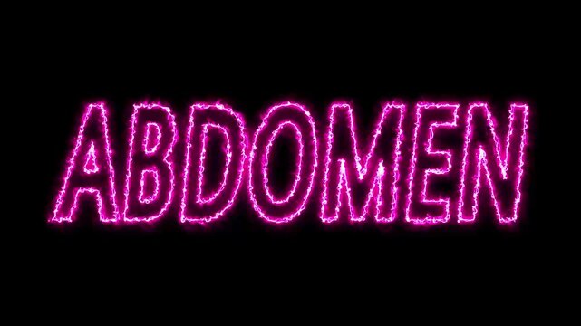Flickering neon purple glowing abdomen sign animated black background. neon ABDOMEN text animation