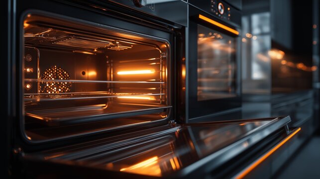 Open modern electric oven glowing with warm light in sleek kitchen setting, ideal for appliance catalogs, cooking tutorials, holiday food ads, and contemporary home design visuals