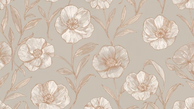 Geometric floral decorative elements set against a gray background, forming a seamless artwork ideal for textile and wallpaper applications.