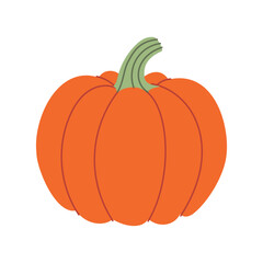 A cartoon drawing of a large orange pumpkin with a green stem. The pumpkin is sitting on a white background